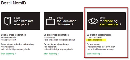 Bestil NemID til blinde. Medbrind k&oslash;rekort.